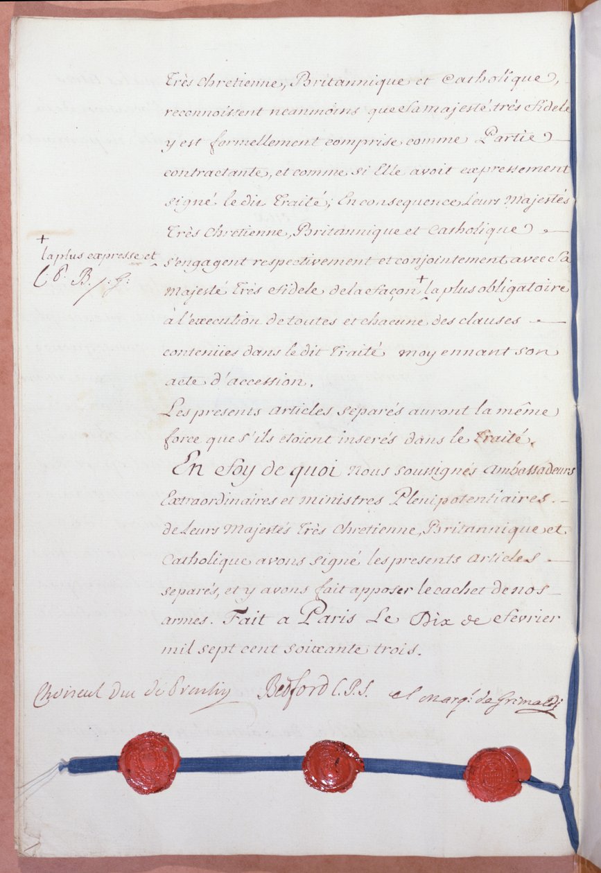 Vertrag von Paris, der den Siebenjährigen Krieg beendete, unterzeichnet von Frankreich, Großbritannien und Spanien am 10. Februar 1763 von French School