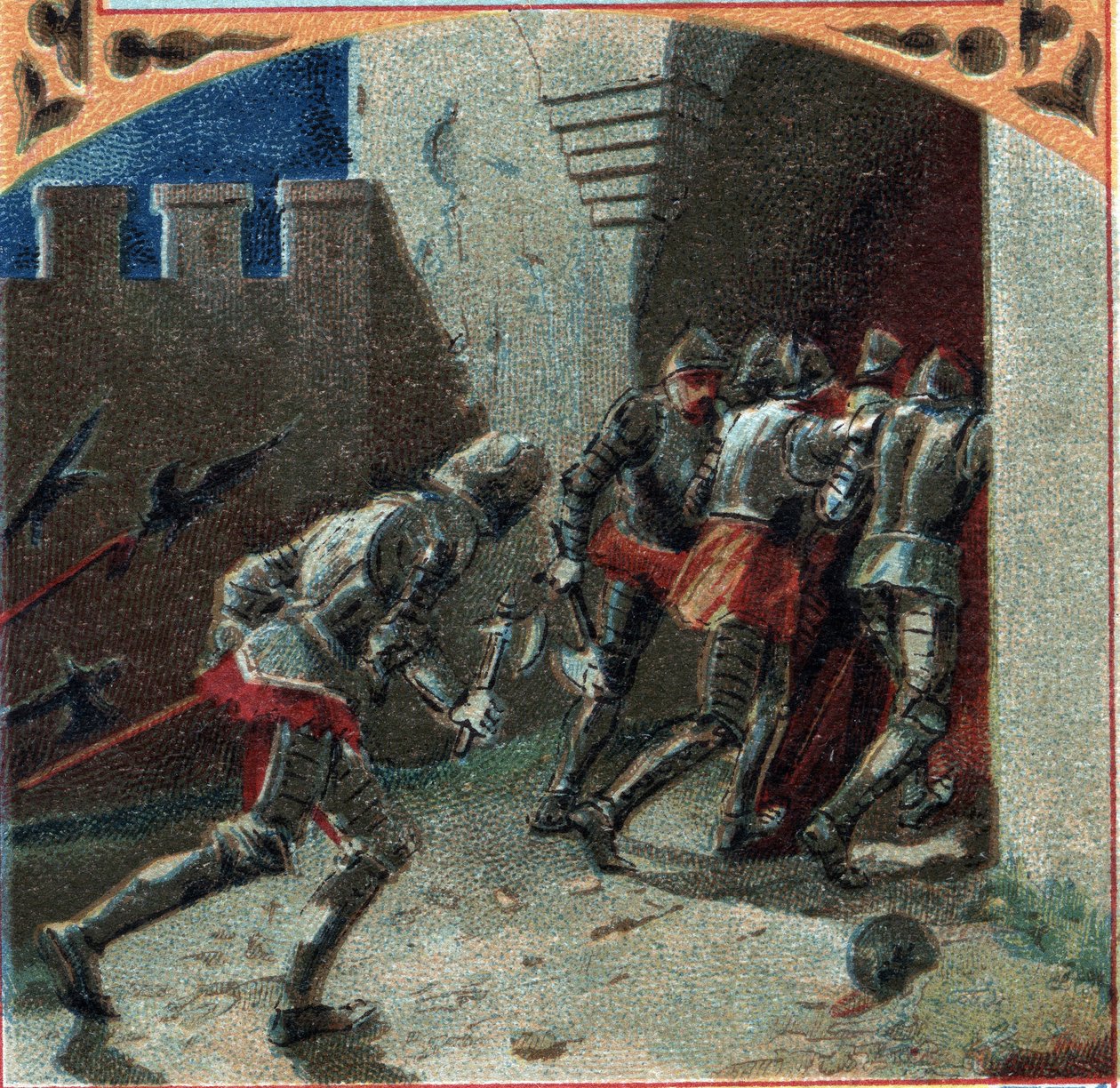 Hundertjähriger Krieg: Die Armee der Burgunder eroberte das Schloss Pierrefonds durch Verrat (14. Jahrhundert). Chromolithographie aus dem späten 19. Jahrhundert von French School