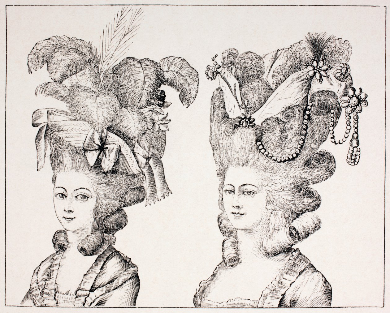 Französische Mädchen des 18. Jahrhunderts mit extravaganten Frisuren und Hüten, 1875 von French School