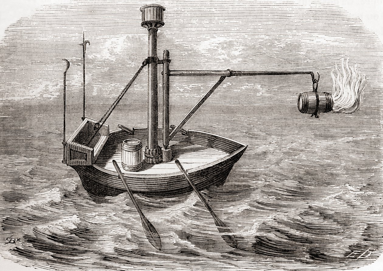 Ein griechisches Feuerschiff, nach einer Zeichnung in einem lateinischen Manuskript aus dem 13. Jahrhundert, aus Les Merveilles de la Science, veröffentlicht um 1870 (Stich) von French School