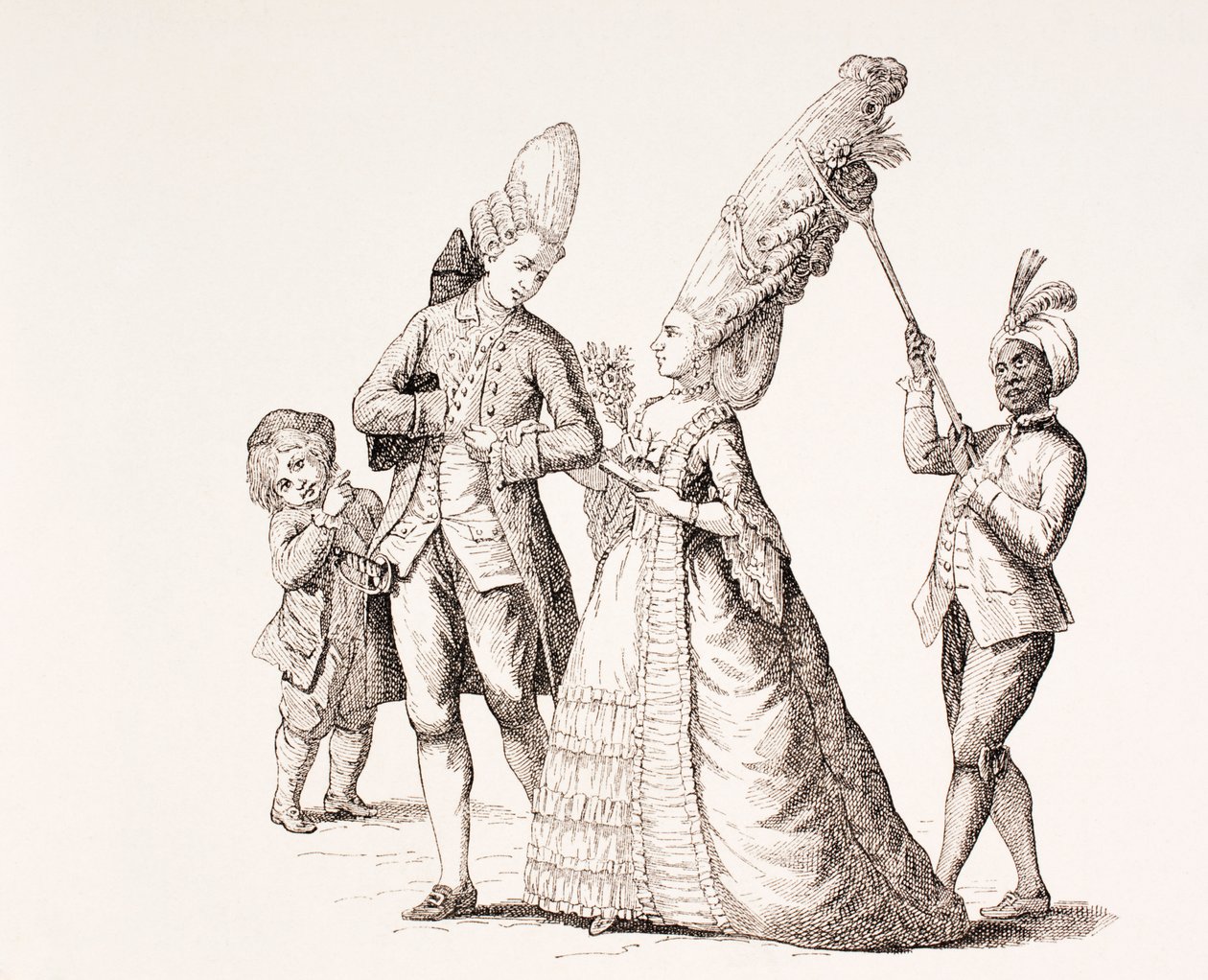Eine Satire auf die extremen Frisuren der Frauen im 18. Jahrhundert in Paris, 1875 von French School