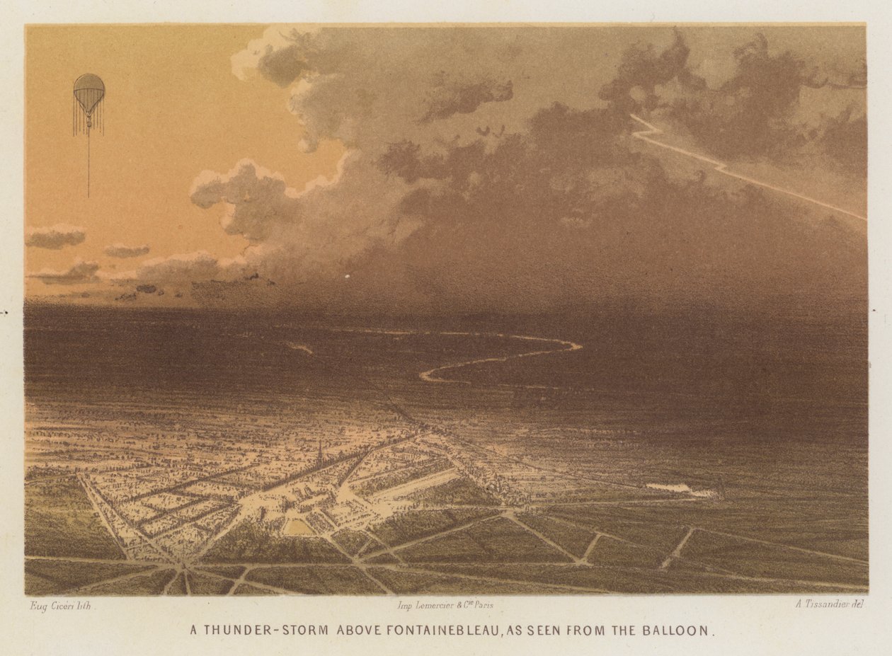 Ein Gewitter über Fontainebleau, gesehen vom Ballon (Farblithografie) von French School