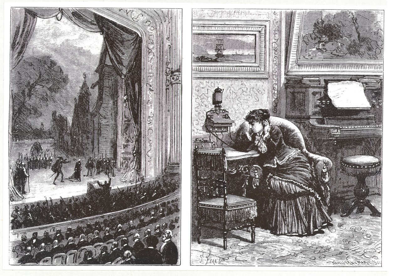 Eine Frau hört eine Opernaufführung in ihrem eigenen Zuhause mittels des Ader-Bell-Telefons und Aders Anordnung zur Musikübertragung, aus Les Nouvelles Conquetes de la Science von Louis Figuier von French School