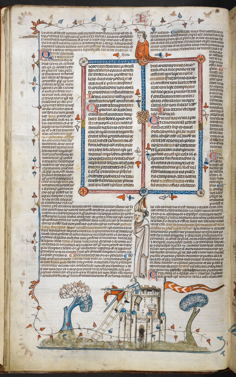 Szene eines Mannes, der versucht, eine Burg zu erobern, und von einem der Verteidiger getötet wird, aus den Smithfield Decretals, Royal 10 E. IV, f.18v von French School