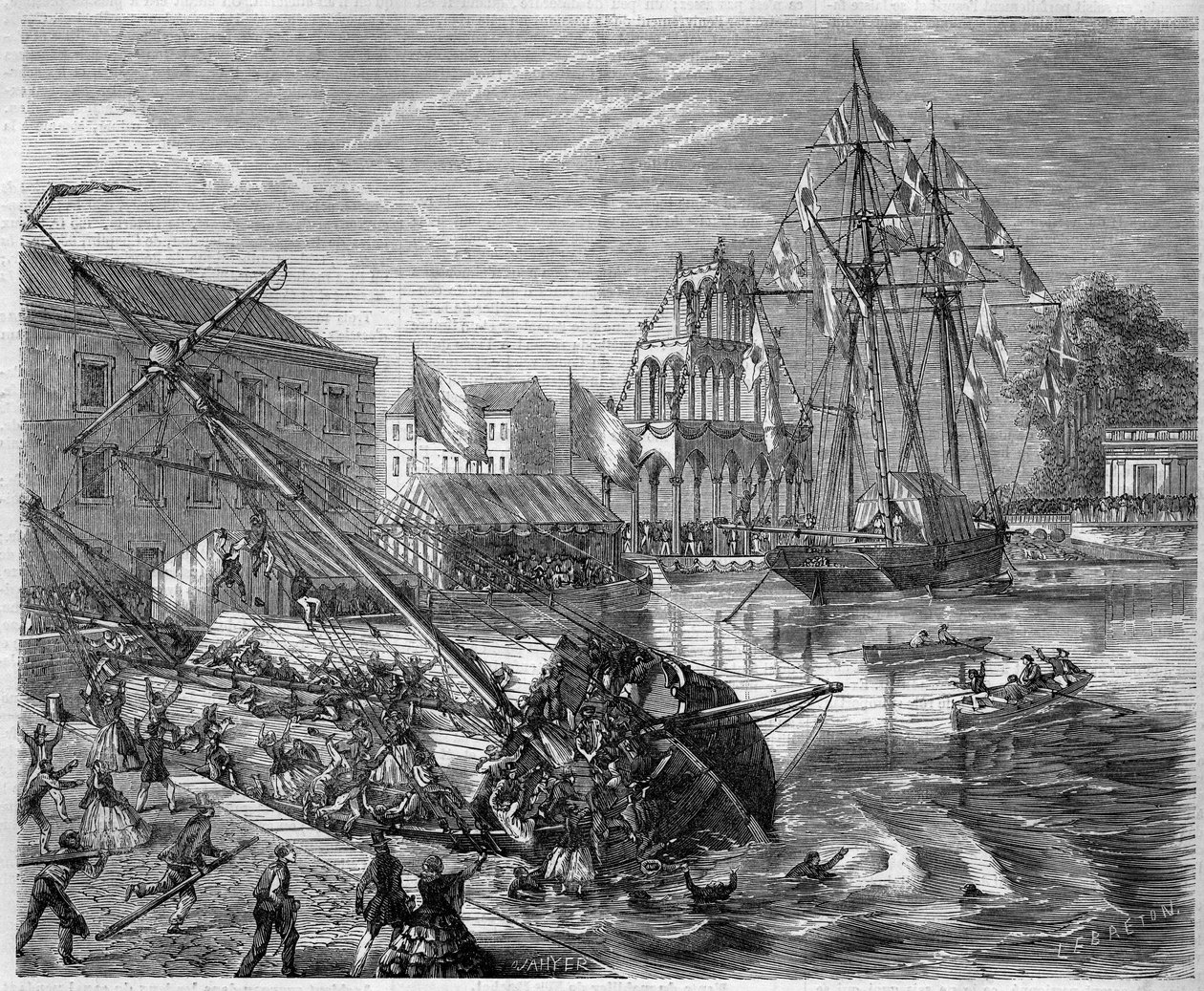 Ein Boot kenterte unter dem Gewicht seiner Insassen auf dem Brüsseler Kanal, Belgien von French School