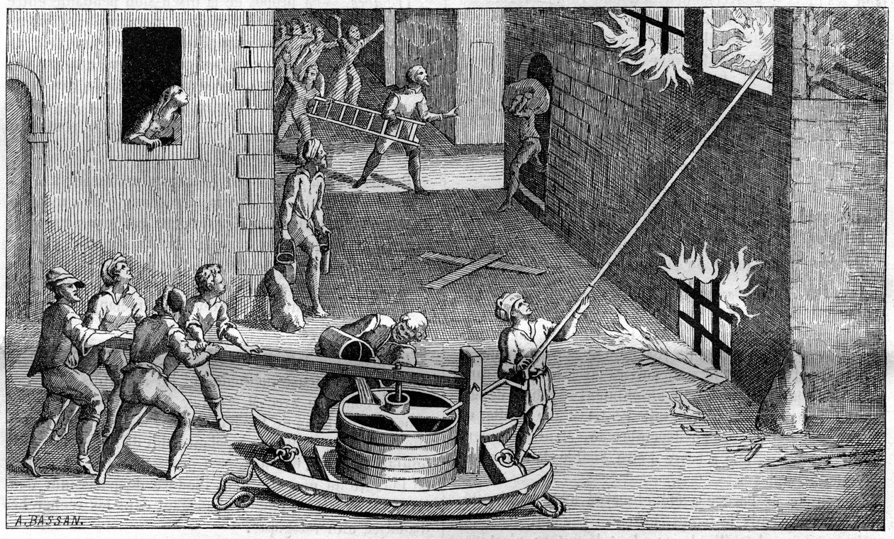 Feuerpumpe zu Beginn des 17. Jahrhunderts, nach Salomon de Caus. von French School