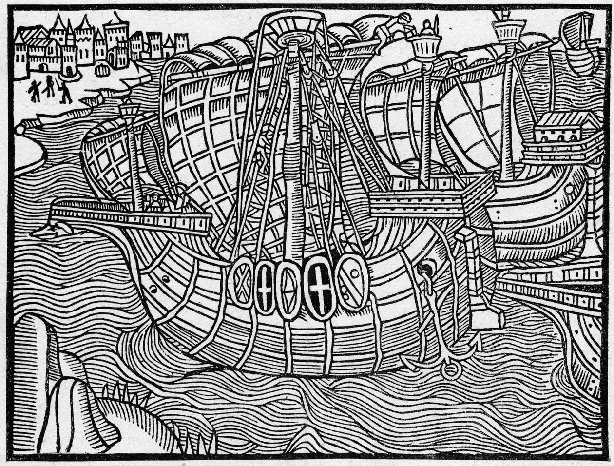 Eine Flotte im 15. Jahrhundert, nach einer Gravur von „Vergier D’honneur“. Gravur in „La Marine et les colonies: commerce“ von French School