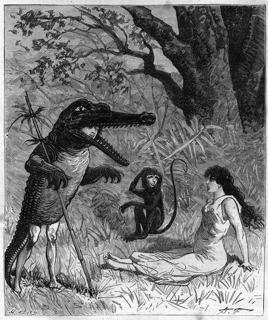 Ein Mann in Krokodilhaut spricht mit einer jungen Frau, die unter dem Blick eines Affen ohnmächtig geworden ist. Illustration von „Reise um die Welt des Seemanns Biribi“ von Theodore Labourieu und Saint Vrin. Gravur von 1880 in „La republique illustree“ von French School