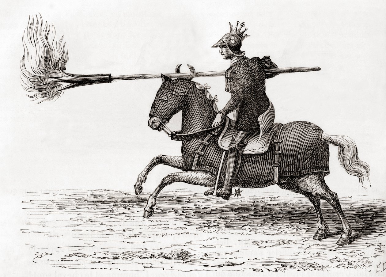 Ein mittelalterlicher Ritter mit einer Feuerlanze oder einem Feuerspeer ...