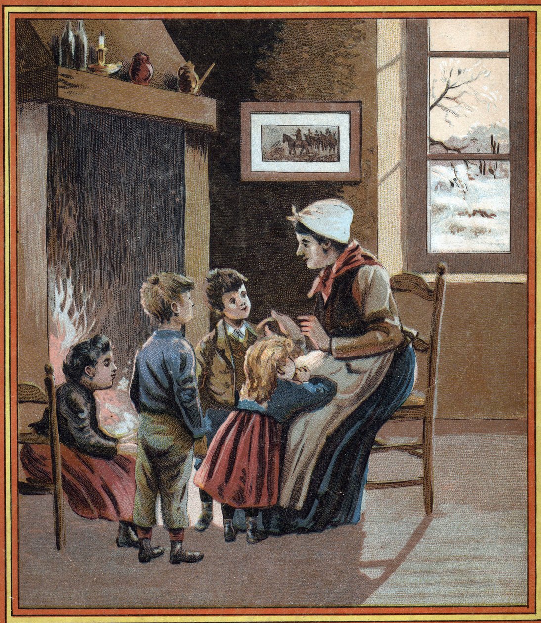 Eine Mutter erzählt ihren Kindern Geschichten am Feuer. Umschlag des Buches „Les tales du foyer pour les petits“. Anonyme Gravur aus dem 19. Jahrhundert. von French School
