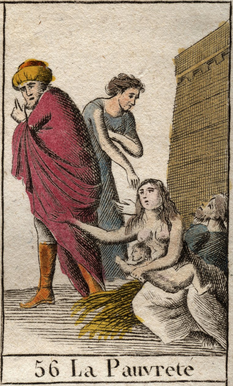 Darstellung der Armut, barfuß und in Lumpen gekleidet, sie sitzt auf Stroh. Aus „Mythologie der Jugend“ von Pierre Blanchard 1803. von French School