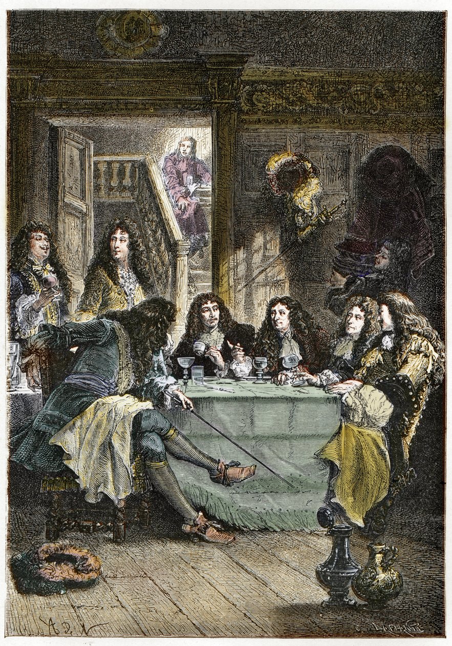 Ein Salon (Kabarett), der die französischen Schriftsteller Jean de La Fontaine, Nicolas Boileau-Despréaux, Dramatiker Jean Baptiste Poquelin genannt Molière und Dichter Jean Racine zusammenbringt von French School