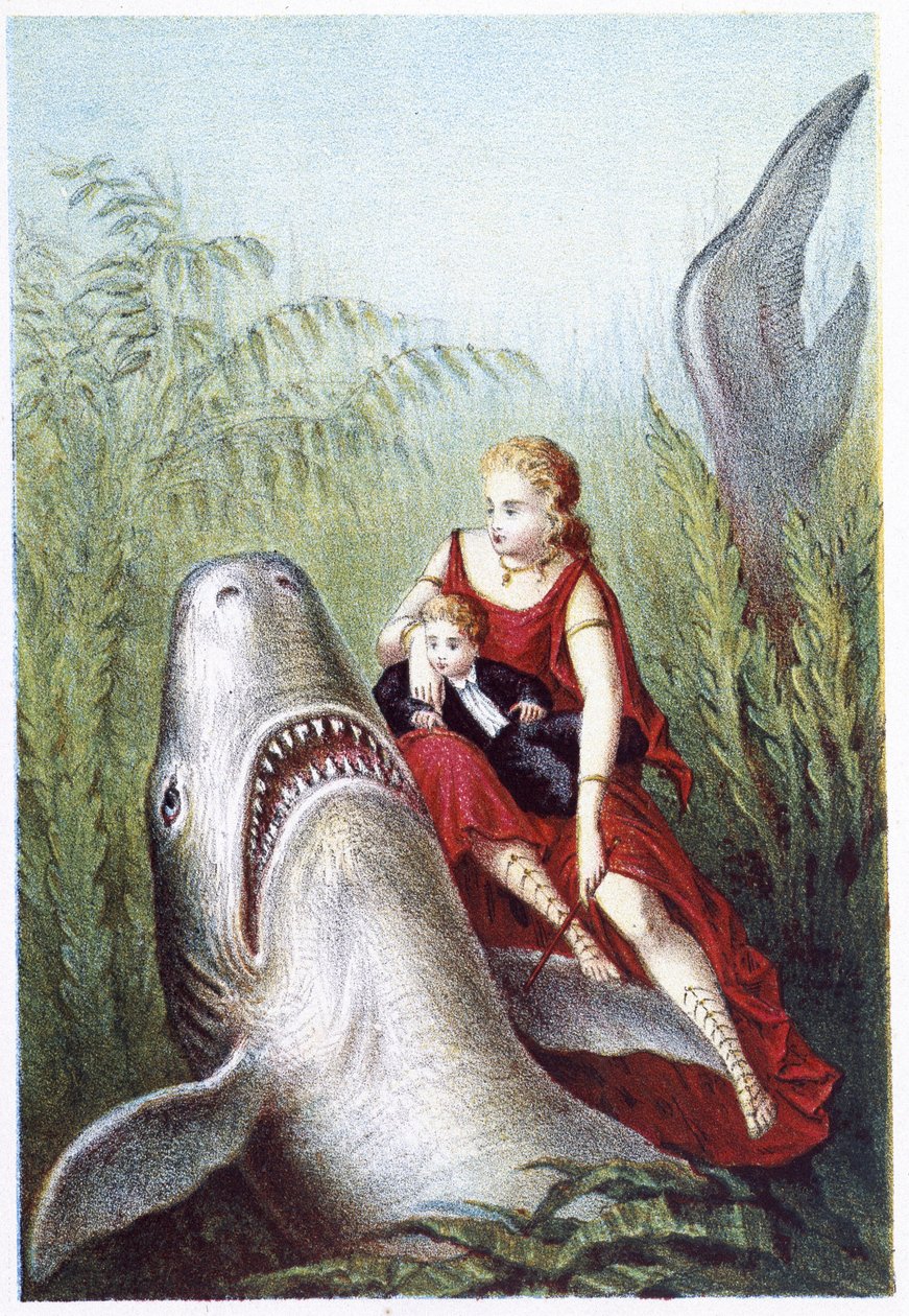 Eine Frau und ein Junge reiten auf einem Hai - in „Reise zum Meeresgrund“ von H. de la Blanchère. Paris, ed. Jouvet et Cie, sd. 1880. von French School