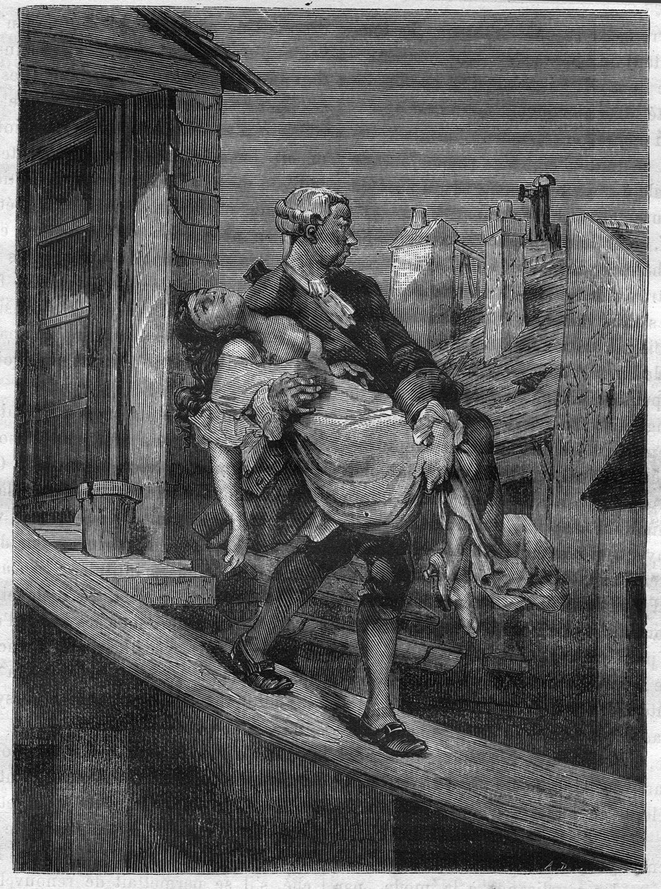 Ein junges Mädchen wird für die Freuden von König Ludwig XV. im Hirschpark entführt. Gravur in „Die Geschichte der Prostitution und Ausschweifung unter allen Völkern der Welt von der Antike bis zur Gegenwart“ von Dr. Th. -F. Debray. 1879. von French School