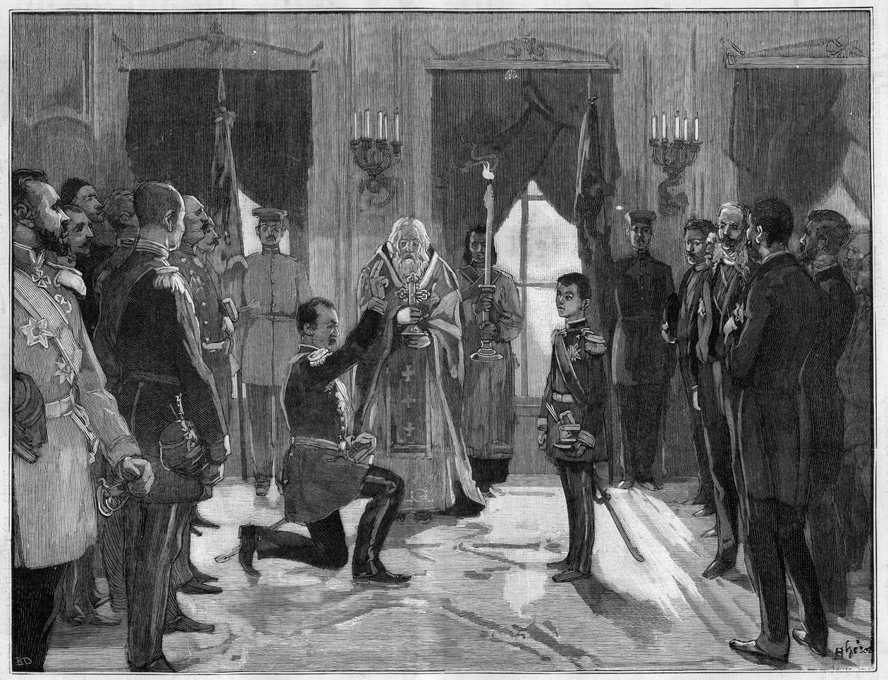 Abdankung von König Milan I. von Serbien (1854-1901), 7. März 1889: Der ehemalige König leistet seinem Sohn Alexander I. von Serbien (1876-1903), für den er gerade abgedankt hat, einen Treueeid. Gravur in „Le Monde Illustré“ Nr. 1666 vom 2. März von French School