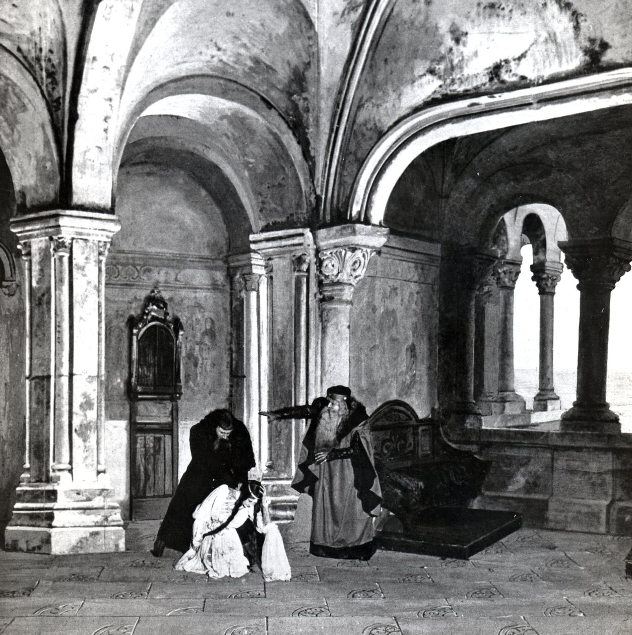 Akt IV, Szene 2 von Pelléas et Mélisande von Debussy, aus einem Foto der ersten Aufführung im April 1902 der Oper an der Opéra-Comique in Paris, Illustration in Theatre Magazine, Juni 1902 von French School