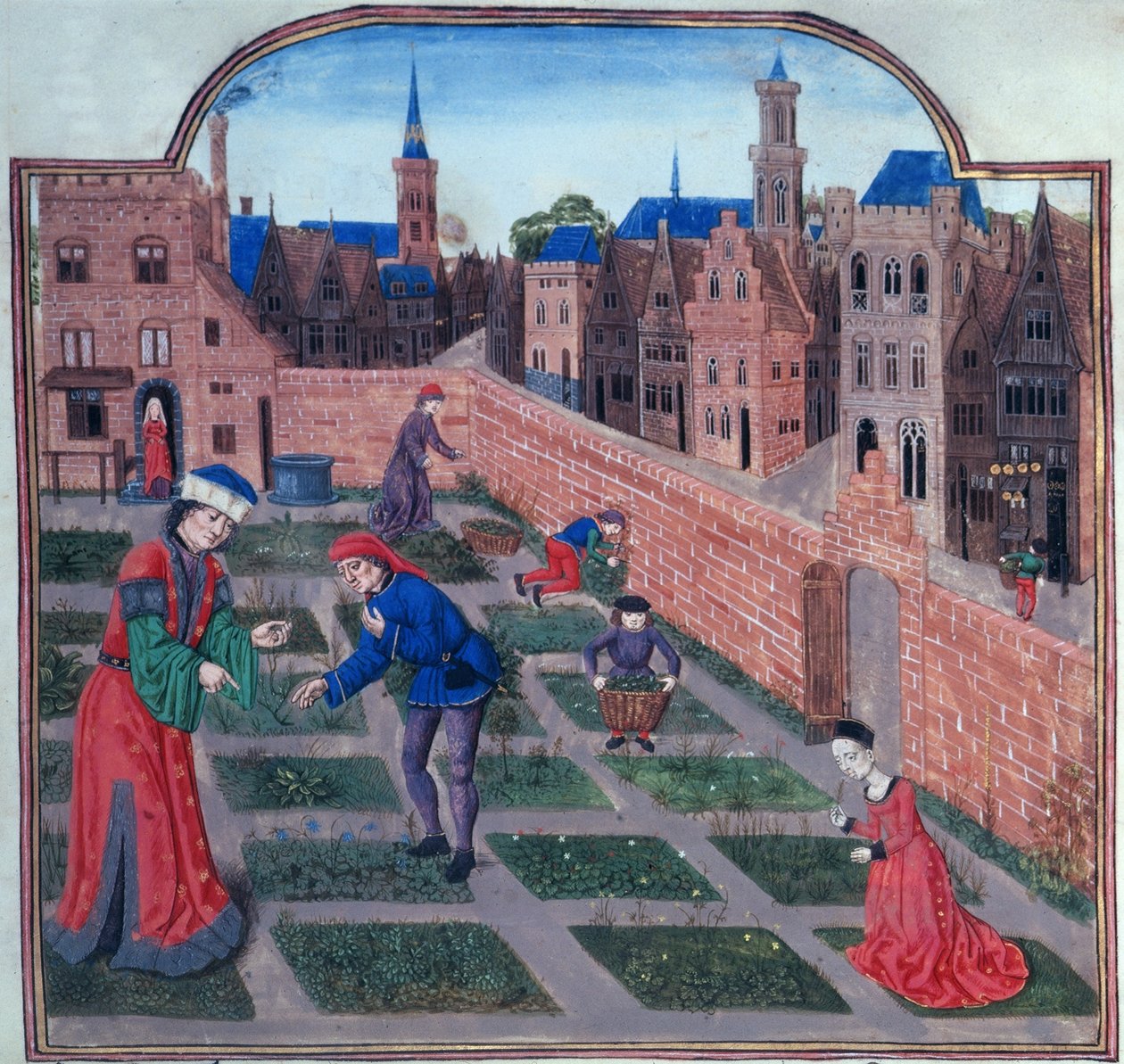 Ein ummauerter Kräutergarten in einer Stadt, aus Livre des profits ruraux von Piero de Crescenzi aus Bologna von French School