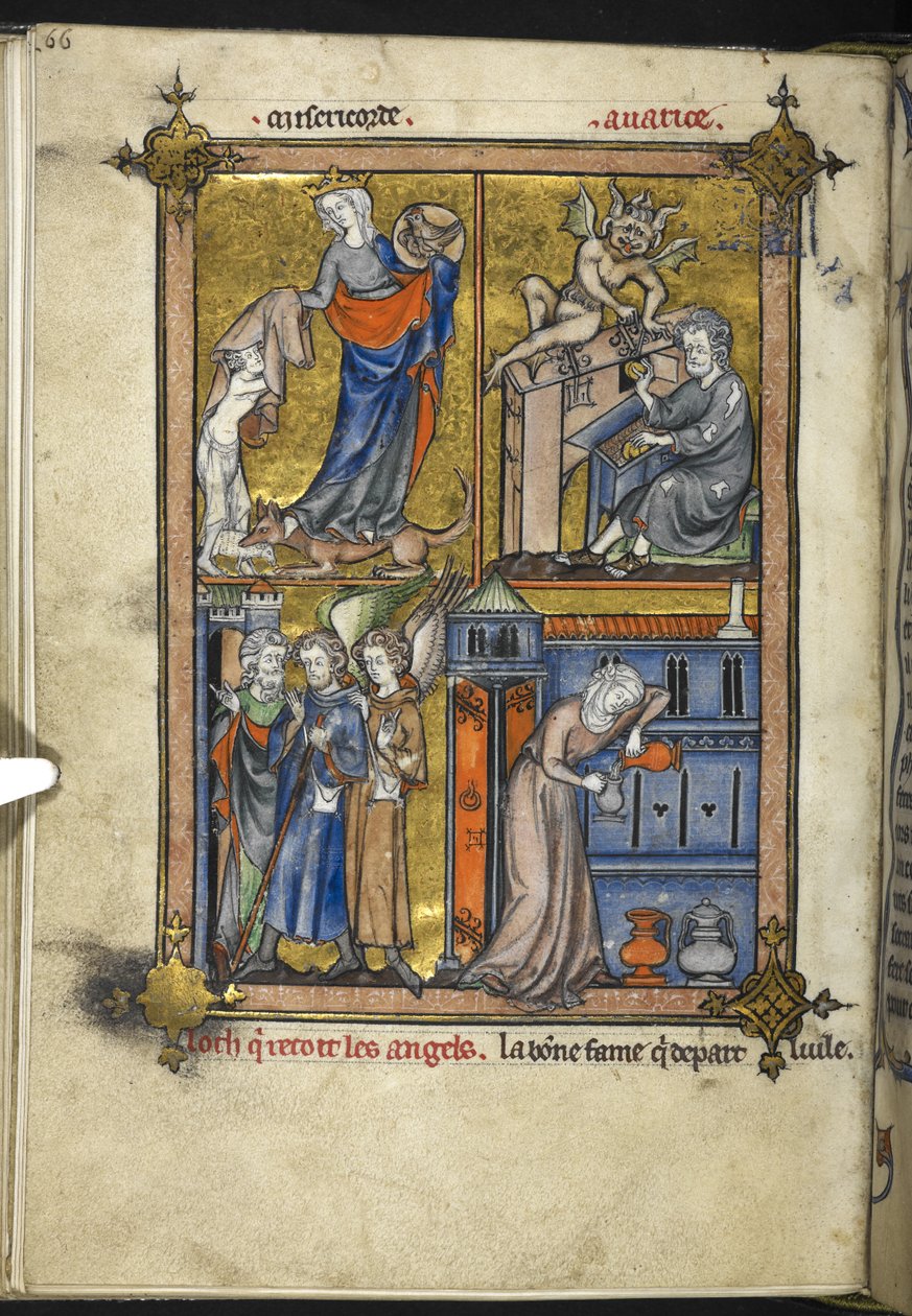Add. 54180, f. 136v, Miniatur mit Engeln in Pilgerkleidung, aus 