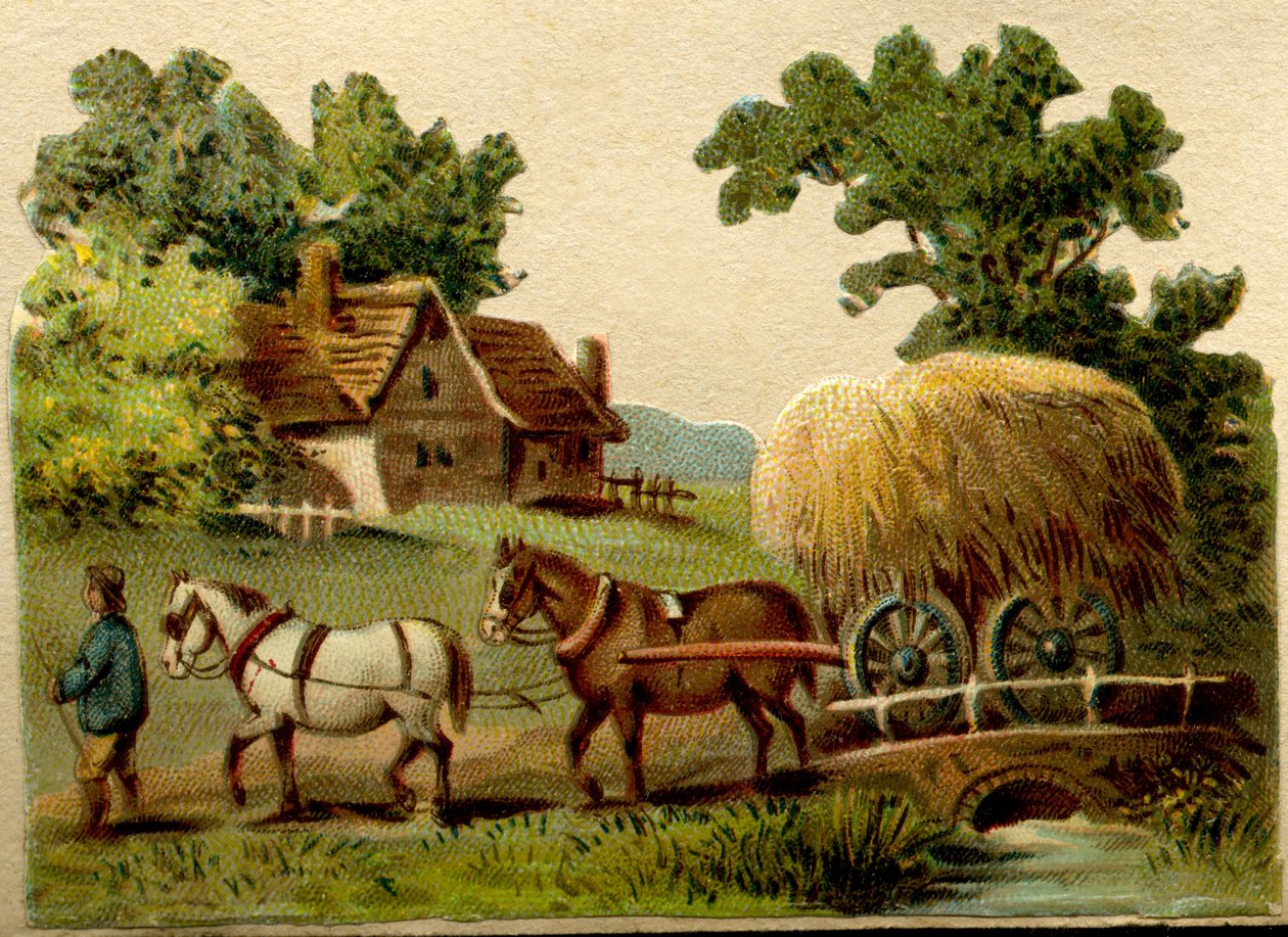 Werbe-Chromolithographie, geschnitzt, die eine ländliche Szene darstellt, zwei Pferde, die von einem Bauern geführt werden und einen Strohwagen ziehen von French School