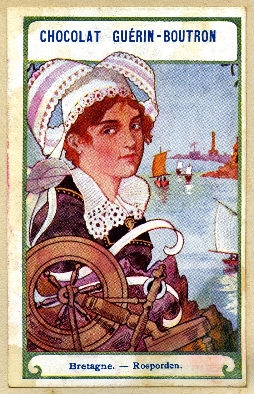 Werbe-Chromolithographie von Chocolats Guerin Boutron, die Kopfbedeckungen der Regionen Frankreichs, Bretagne, Rosporden, Illustration Emile Jammes von French School