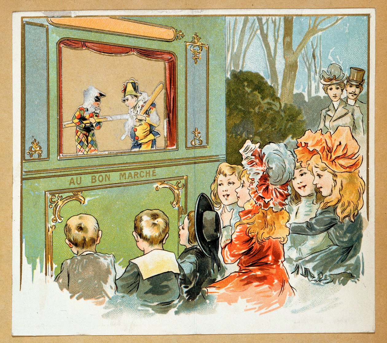 Werbung für Kaufhäuser "Le Bon Marché" mit einer Gruppe von Kindern, die eine Show beobachten, 20. Jahrhundert von French School