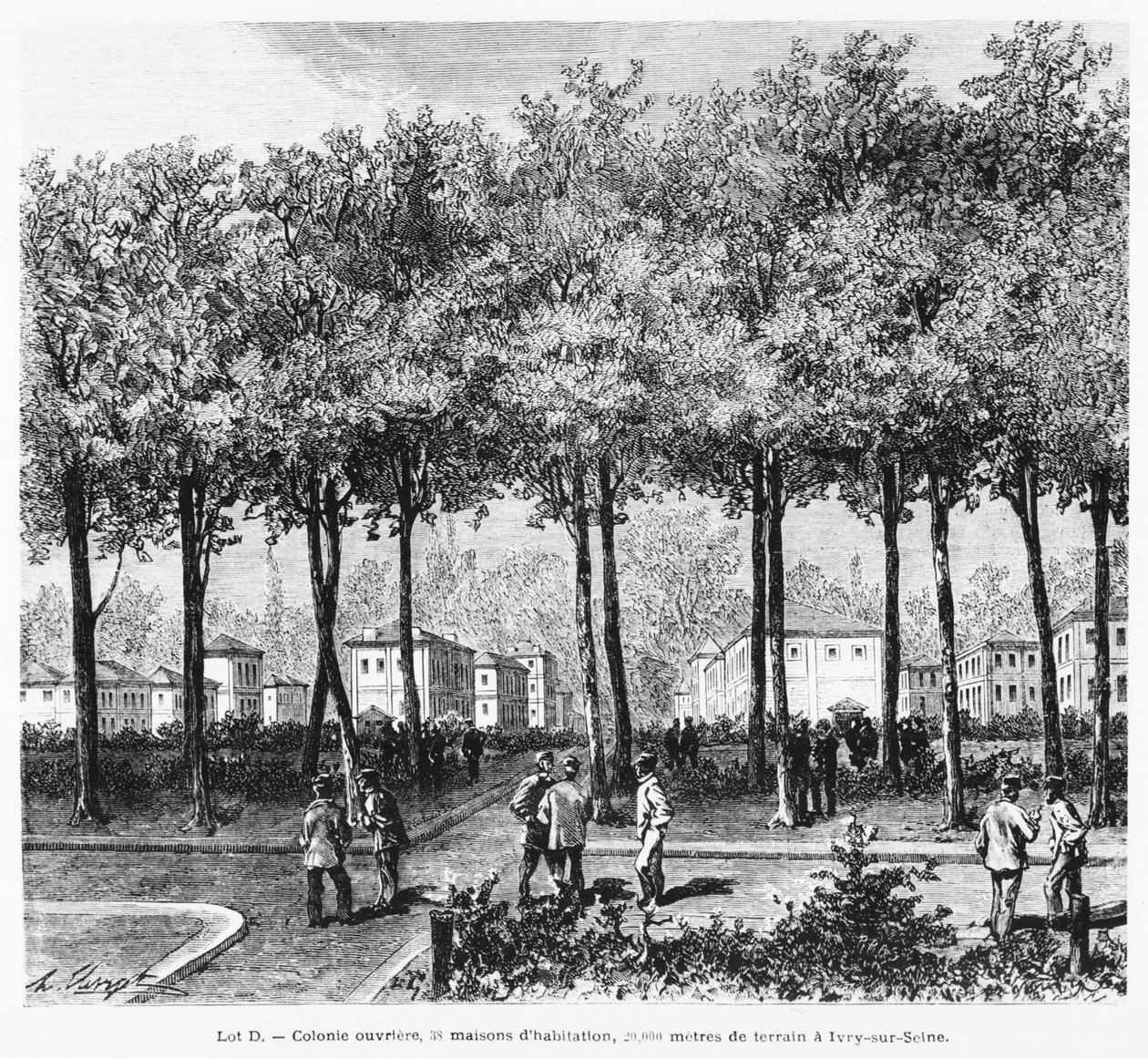 Werbung, die eine Arbeiterkolonie darstellt, Illustration aus Le Monde Illustré, 1876 von French School