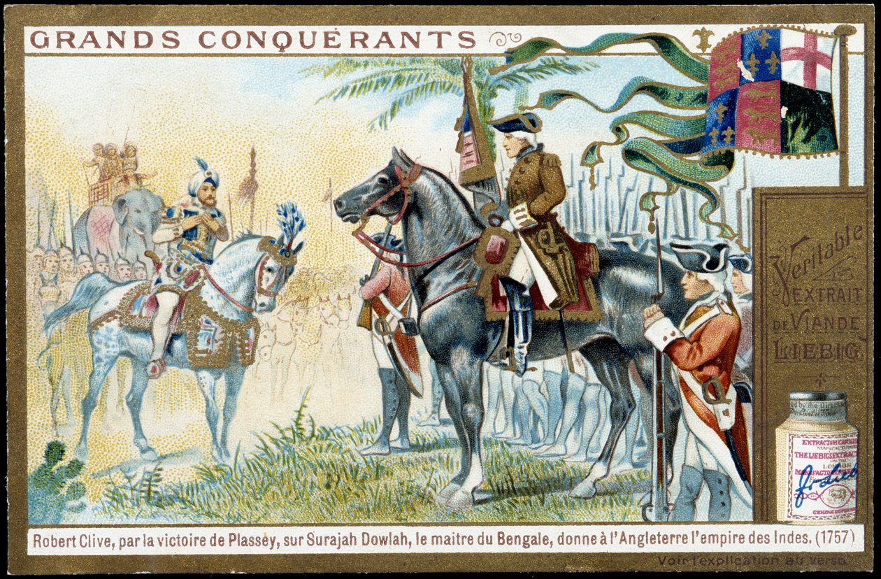 Nach dem Sieg von Plassey über Surajah Dowlah (Suraj Ud-daula oder Ud Daula Ud Daulah oder Ud-Daulah), gab der Herrscher von Bengalen England 1757 das Reich von Indien. 19. Jahrhundert Liebig Chromolithografie. von French School