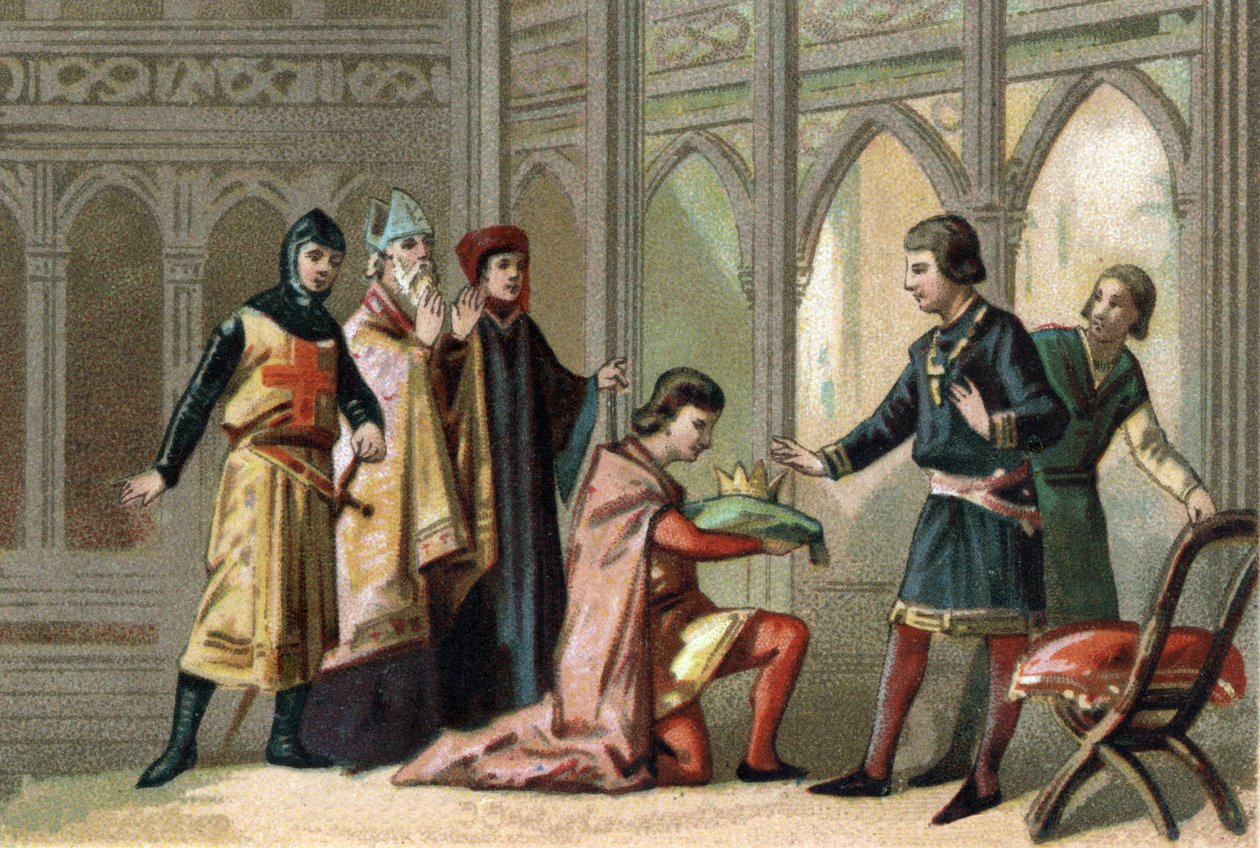 Nach dem Tod von Ludwig X. ging die Krone an seinen jüngeren Bruder Philipp V. genannt Le Long (1294-1322) über. Die Szene wird von den drei feudalen Ständen beobachtet von French School