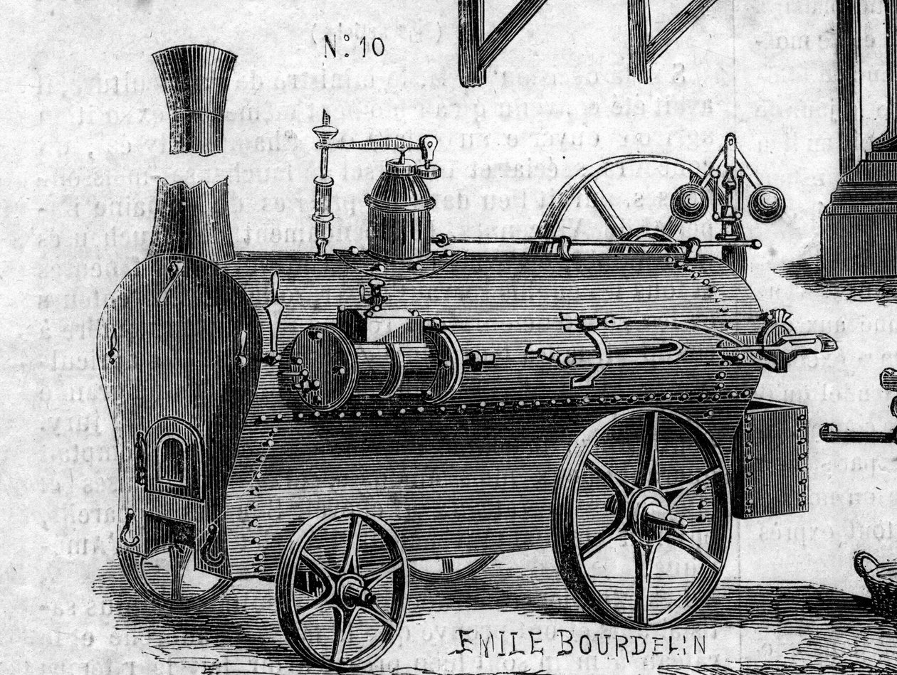 Landwirtschaftsmaschine: eine Lokomobile, präsentiert auf dem Pariser Landwirtschaftswettbewerb im Jahr 1860. Gravur in „Le Monde Illustré“ Nr. 169 vom 7. Juli 1860. von French School