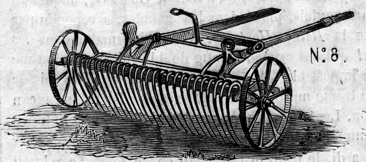 Landwirtschaftsmaschine: ein englischer Pferderechen, präsentiert beim Pariser Landwirtschaftswettbewerb 1860. Gravur in „Le Monde Illustré“ Nr. 16 vom 7. Juli 1860. von French School