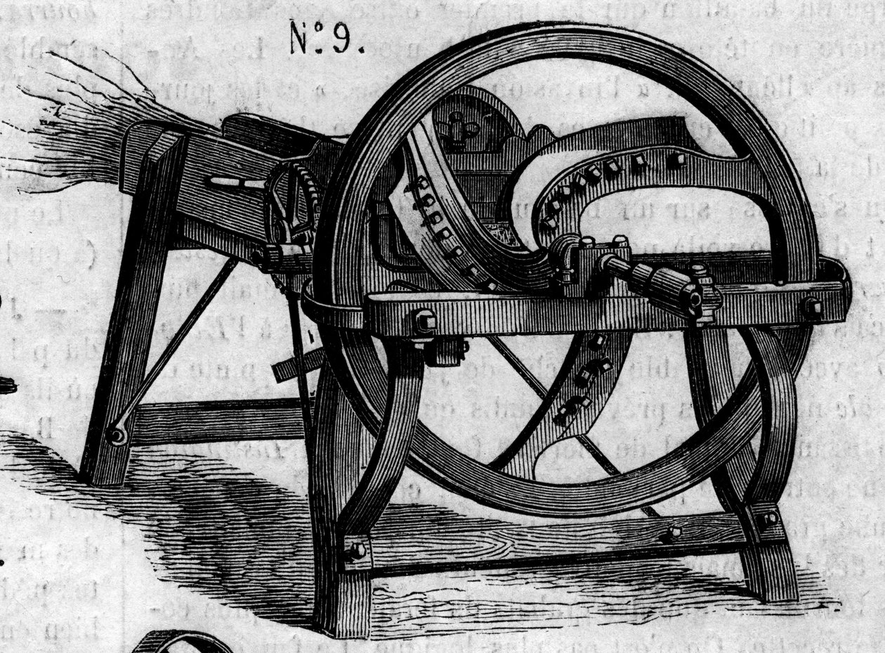 Landwirtschaftsmaschine: eine englische Strohaxt, präsentiert beim Pariser Landwirtschaftswettbewerb 1860. Gravur in „Le Monde Illustré“ Nr. 16 vom 7. Juli 1860. von French School
