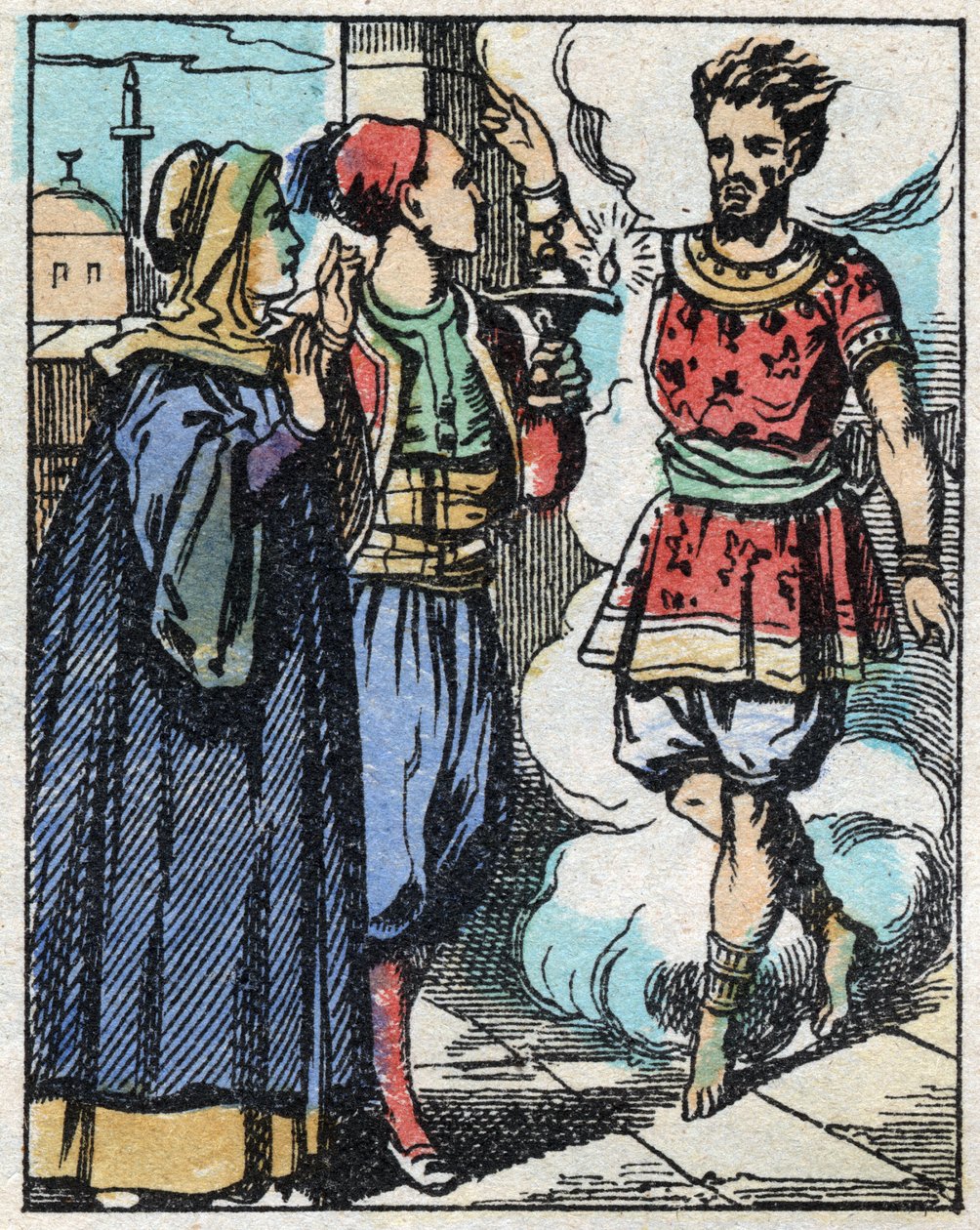 Aladin und seine Mutter reiben die magische Lampe und lassen den Dschinn erscheinen. Gravur der Geschichte aus Tausendundeine Nacht „Aladin und die Wunderlampe“. Epinal-Bild, Ende des 19. Jahrhunderts. Private Sammlung. von French School