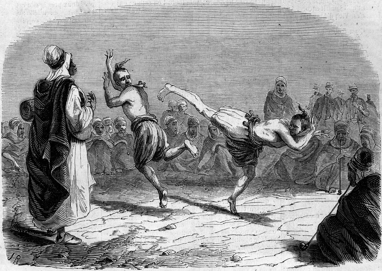 Algerischer Brauch: Arabischer Tanz. Zeichnung von Herrn Rigo, basierend auf einer Skizze von Herrn Ameler, Bataillonsführer. Gravur in "Le Monde Illustré" Nr. 86 vom 11. Dezember 1858. von French School