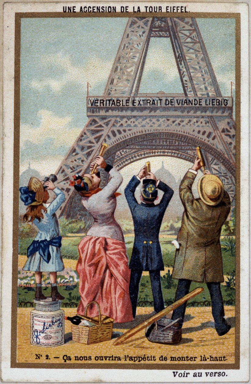 Ein Aufstieg auf den Eiffelturm: Man sieht die Höhe des Turms in der Fernsicht - Chromo. Liebig, Anfang 20. Jahrhundert von French School