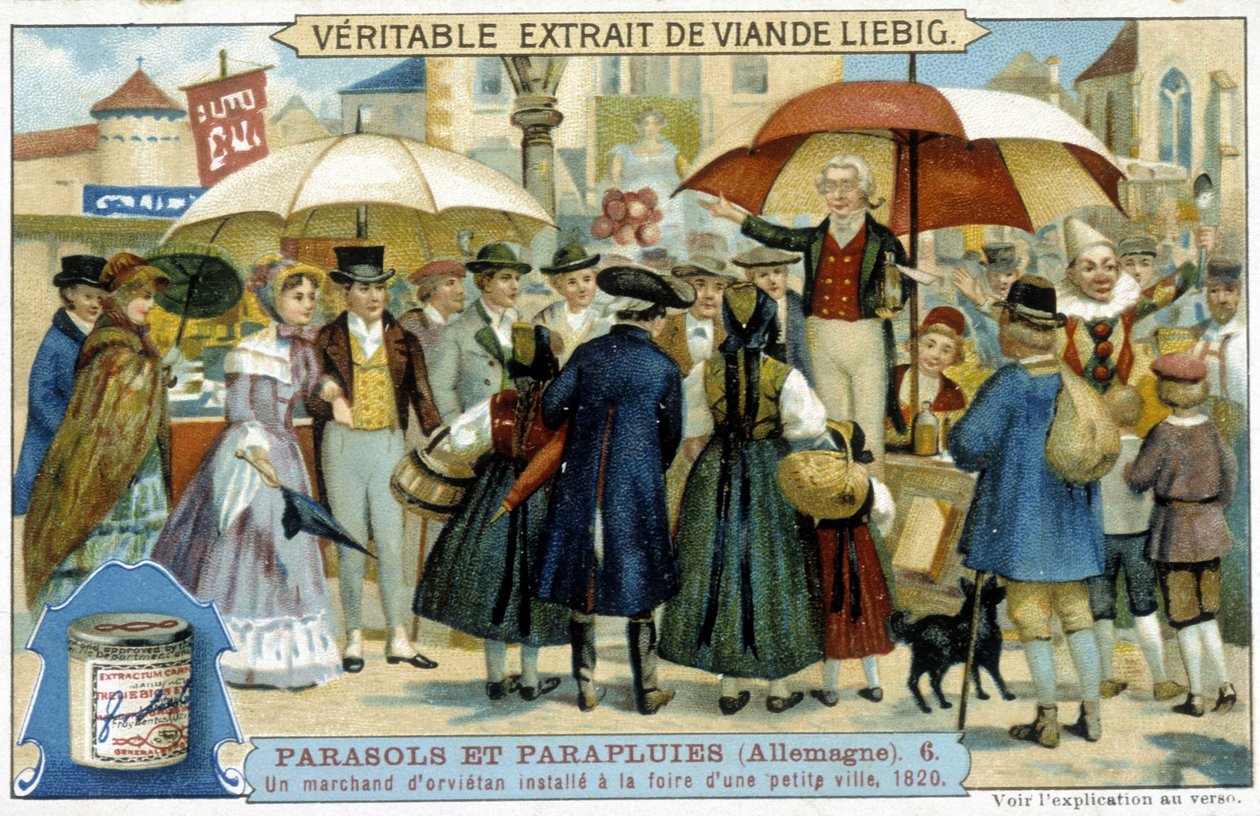 Ein Orvietan-Händler (Scharlatan) auf dem Jahrmarkt einer kleinen Stadt in Deutschland - Werbeetikett Liébig, ca. 1900 von French School