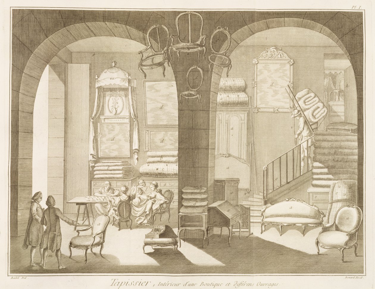 Eine Polsterwerkstatt, aus der Encyclopedie des Sciences et Metiers von Denis Diderot (1713-84) veröffentlicht ca. 1770 von French School