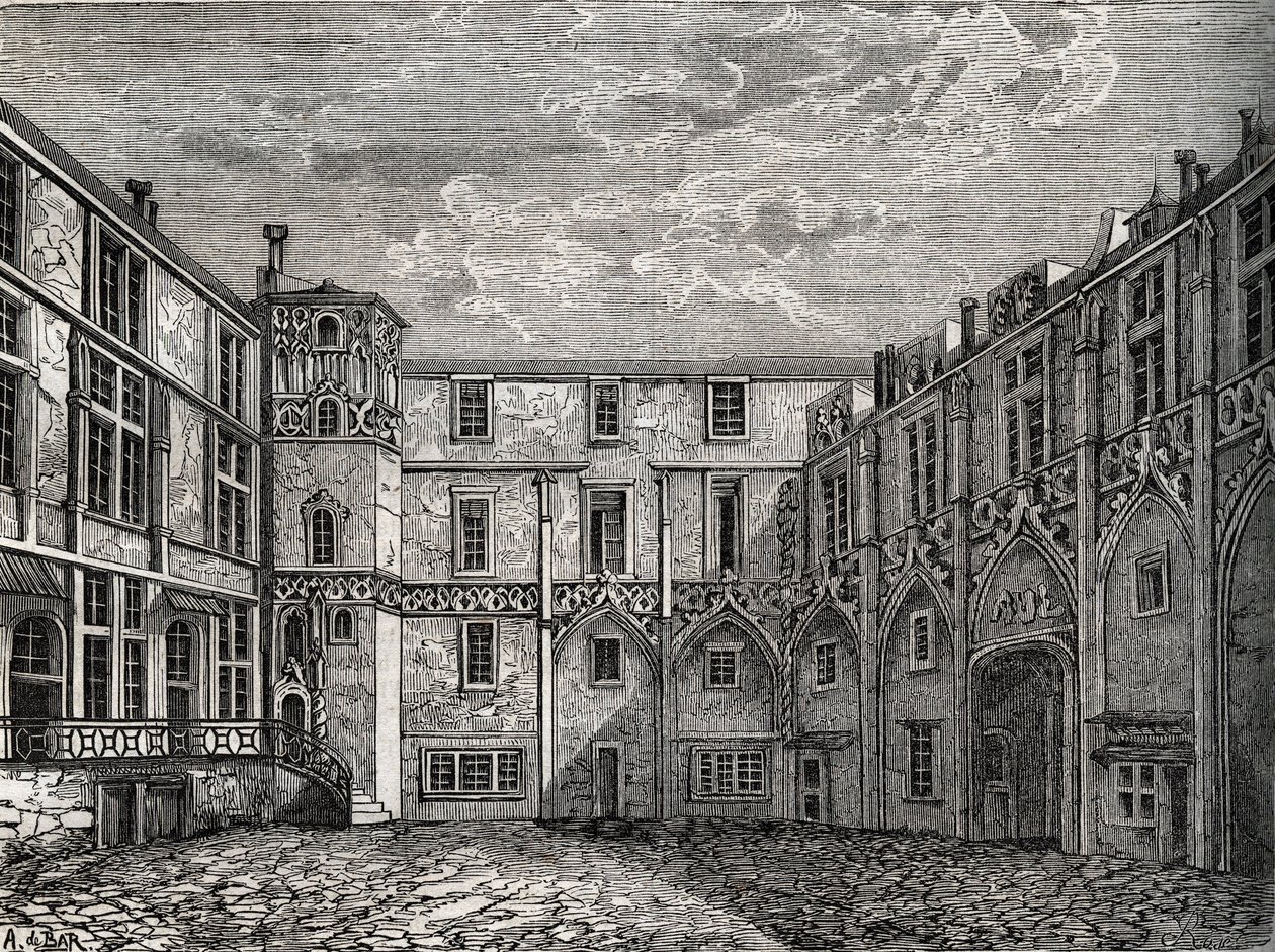 Altes Hotel de la Tromoille, rue des Bourdonnais, Paris (1. Arr.) Gravur in „Physische, zivile und moralische Geschichte von Paris: von den ersten historischen Zeiten bis zur Gegenwart“ von Jacques Antoine Dulaure von French School