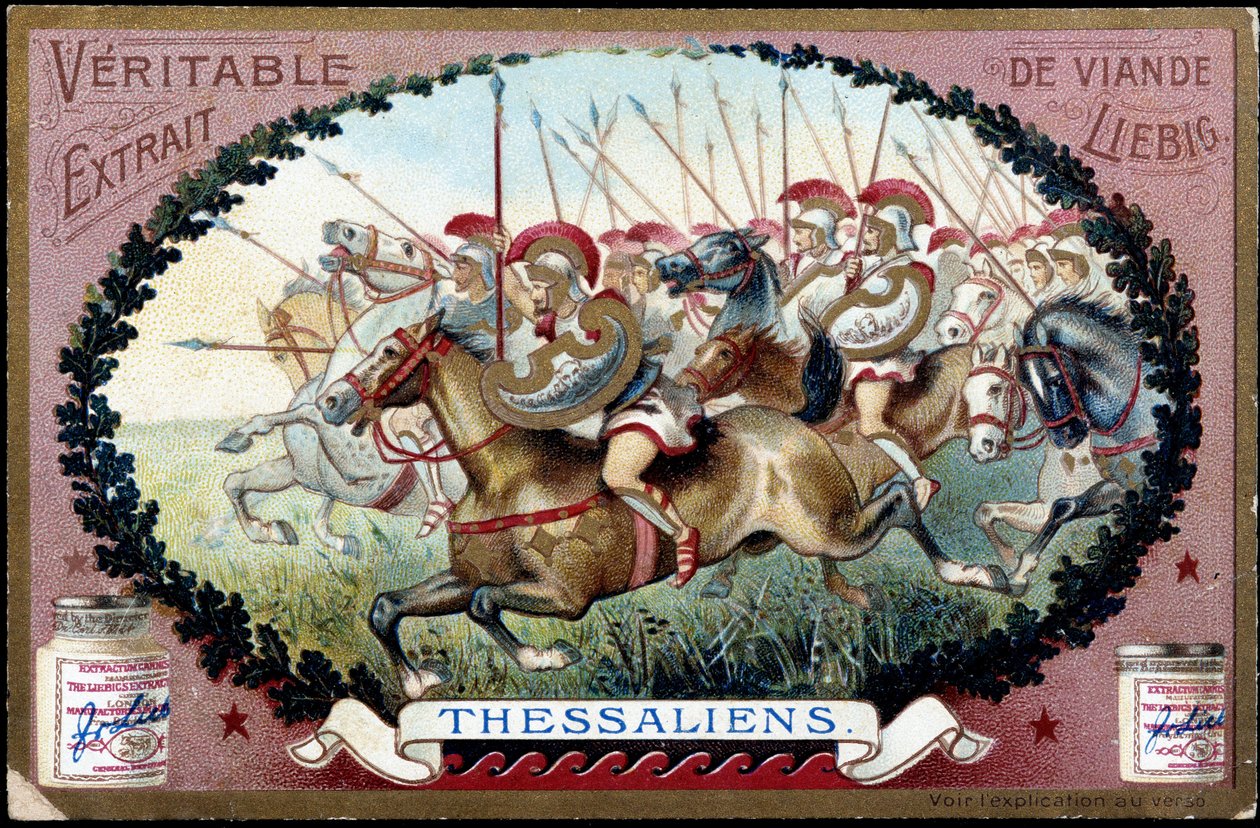 Antikes Griechenland: Thessalien in der Antike. Thessalische Kavallerie greift die Römer an. Liebig Chromolithographie aus dem späten 19. Jahrhundert. von French School