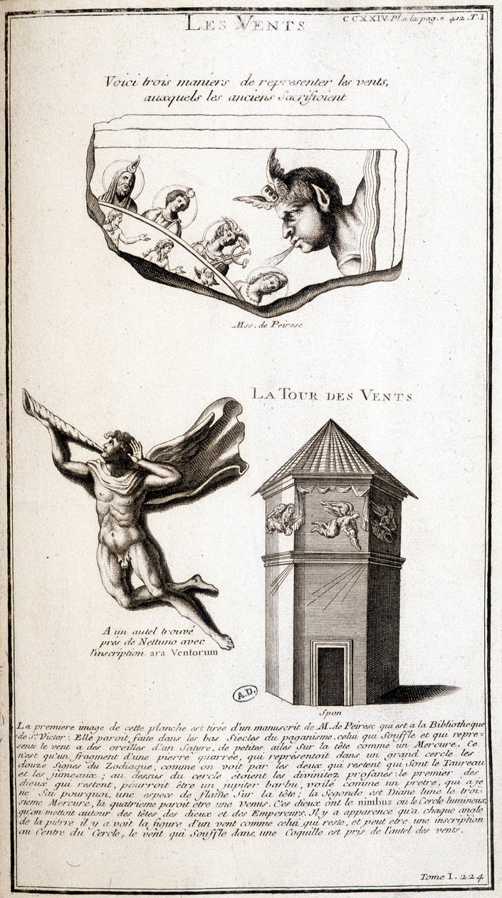 Alte Darstellungen des Windes und des Windturms - Gravur von French School