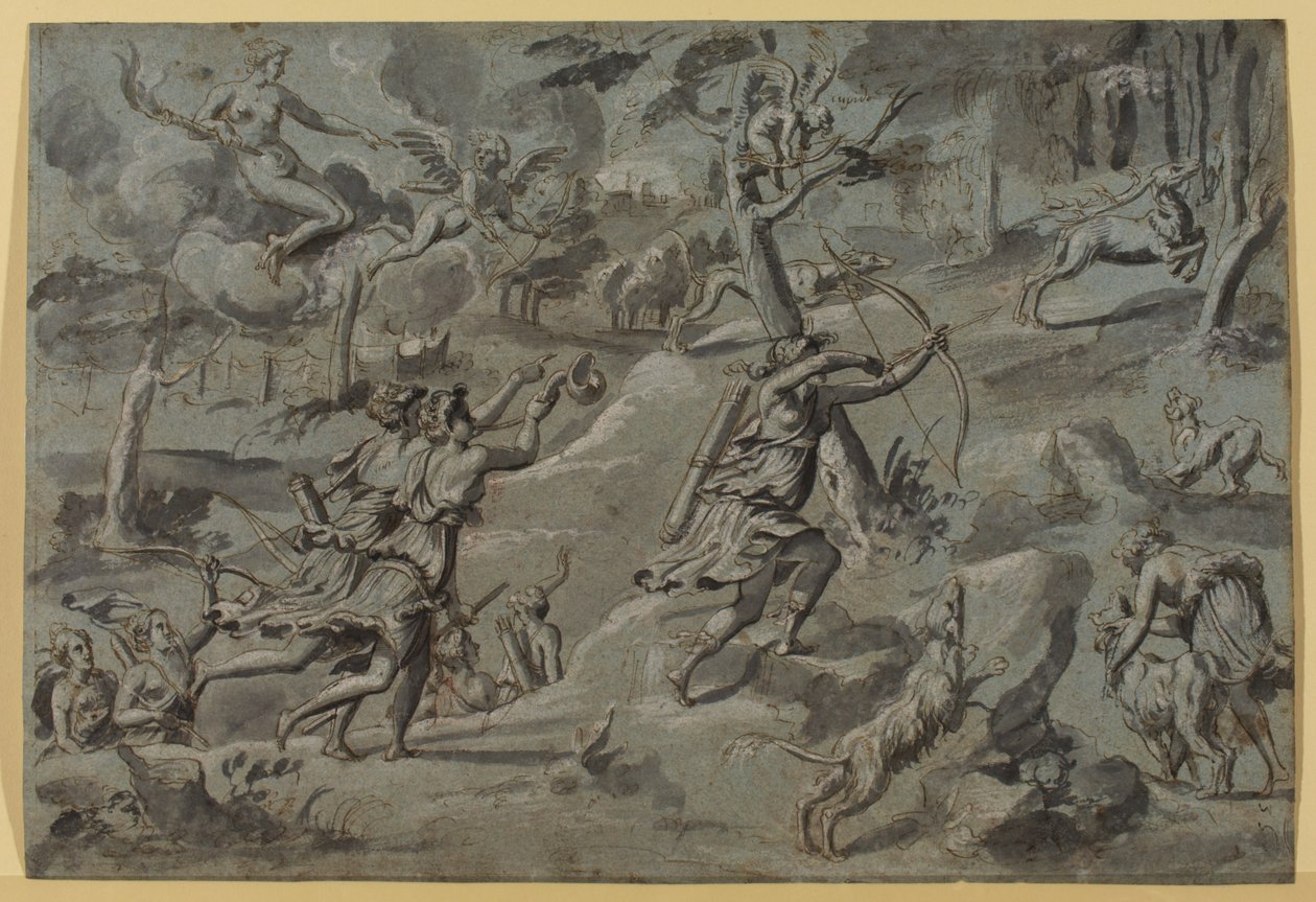 Anonym nach dem Meister des Diana-Wandteppichs, Diane, auf der Jagd mit ihren Gefährtinnen, von Amour Bogenschütze anvisiert, ca. 1590-1600, Grauwaschung von French School