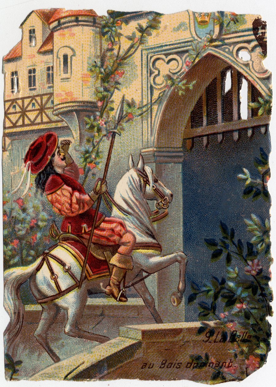 Anonyme Illustration für „Dornröschen“, Märchen von Charles Perrault (1628-1703), französischer Schriftsteller: „Nach hundert Jahren erreichte der Prinz das Tor des Schlosses...“ Chromolithographie. von French School
