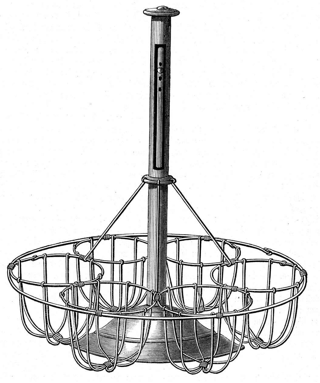 Apparat zum Eierkochen: Die Eier werden in Körben mit einem Halter in der Mitte platziert, in dem sich ein Thermometer befindet, das die Wassertemperatur während des Kochens anzeigt. Gravur in „Le Magasin Picturesque“ von French School