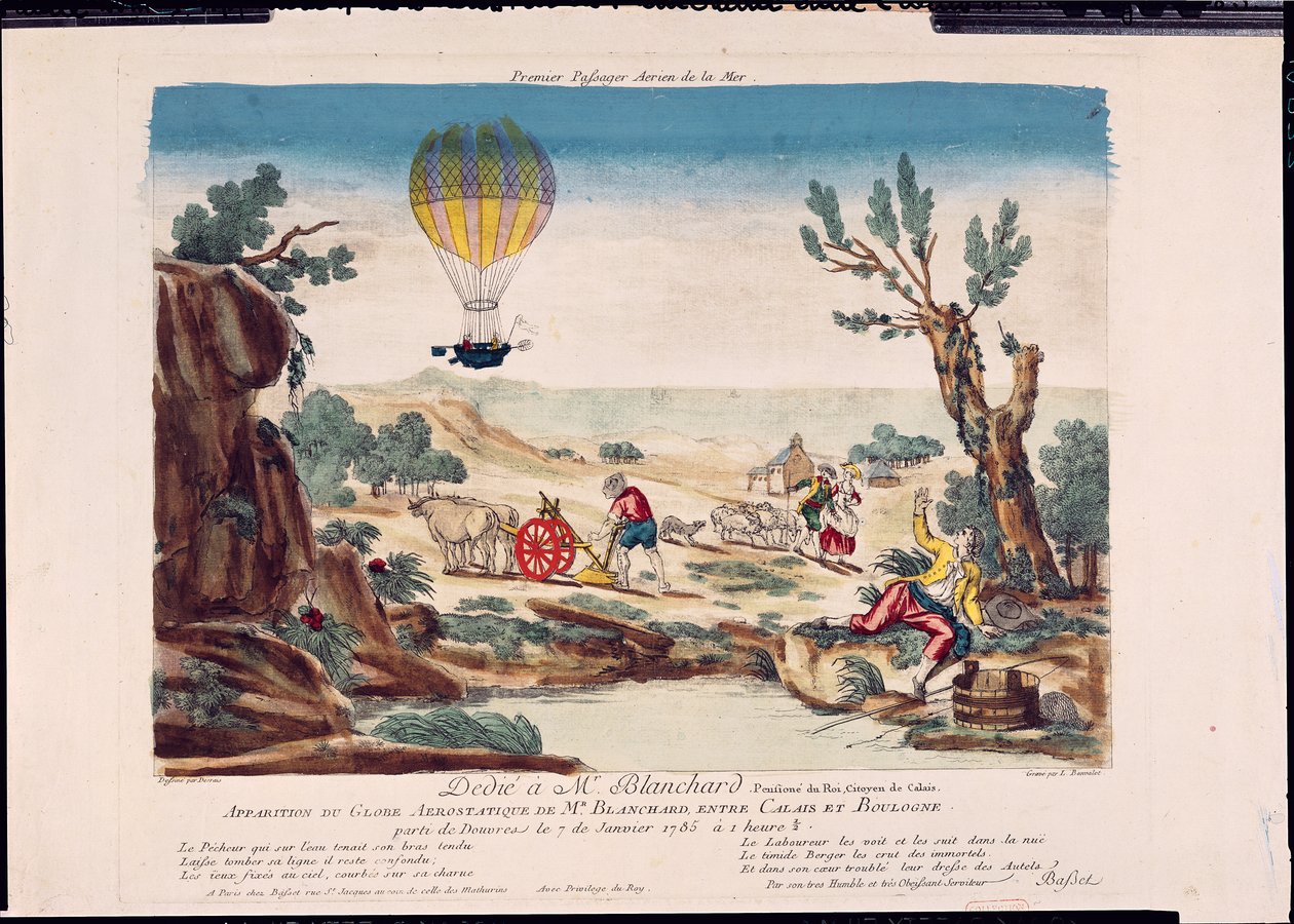 Erscheinung des Heißluftballons von Jean Pierre Blanchard (1753-1809) zwischen Calais und Boulogne, 1785 von French School