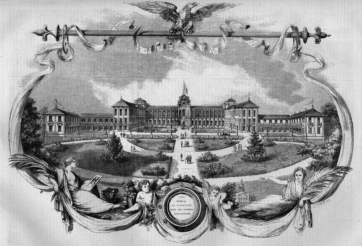 Architektur: Fassade des Krankenhauses bekannt als „Imperial Asylum of Vincennes“ für rekonvaleszente Arbeiter, eingeweiht 1857. Heute „National Hospital of Saint Maurice“, Saint Maurice (94). Gravur in „Le Monde Illustré“ Nr. 20 vom 29. August 1 von French School