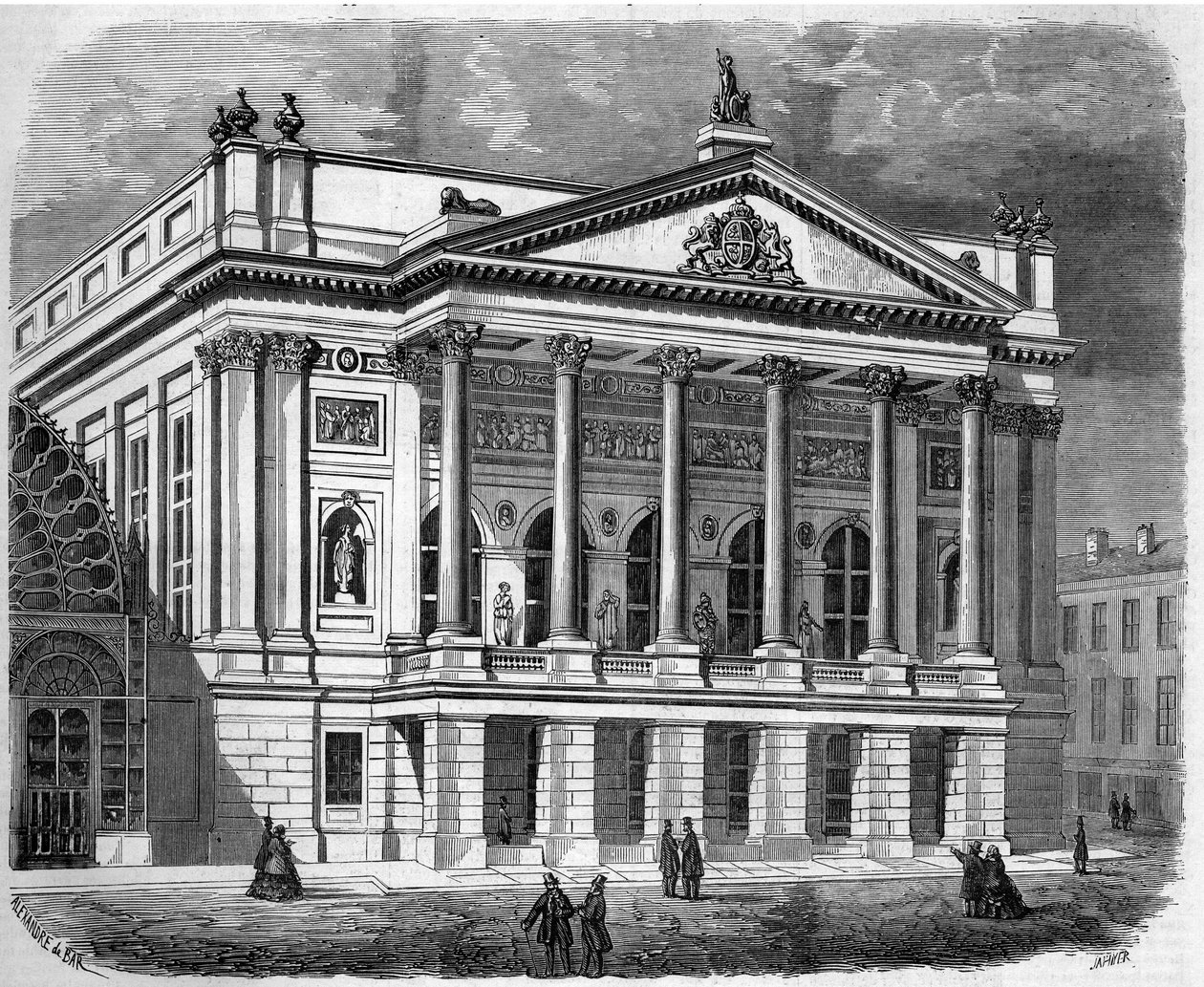 Architektur: Ansicht der Fassade des Italienischen Theaters in London (England) im Jahr 1858. Gravur in „Le Monde Illustré“ Nr. 38 vom 2. Januar von French School