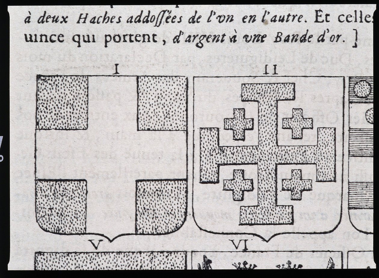 Wappen von Montmorency und Godefroy de Bouillon - in „Die wahre und vollkommene Wissenschaft der Wappen oder das Verzeichnis der Wappen“ von Pierre Paillot von French School