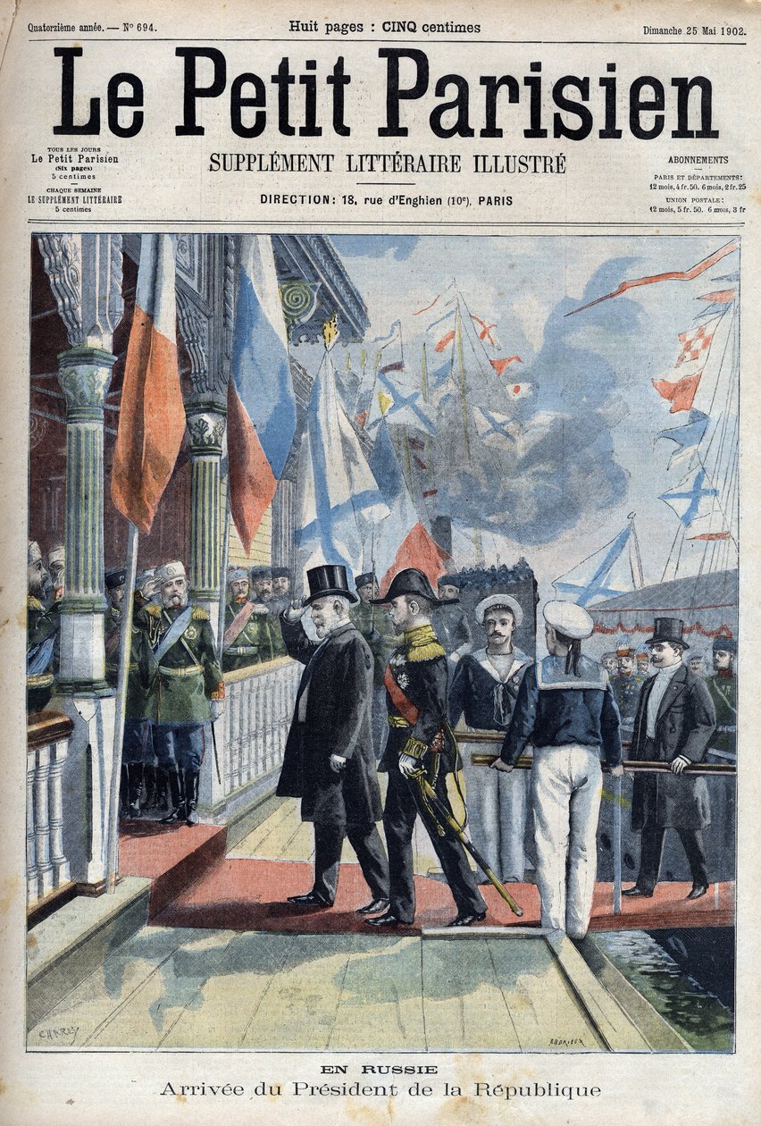 Ankunft des Präsidenten der Französischen Republik Emile Loubet (1838-1929) in Russland, in „Le Petit Parisien“. von French School