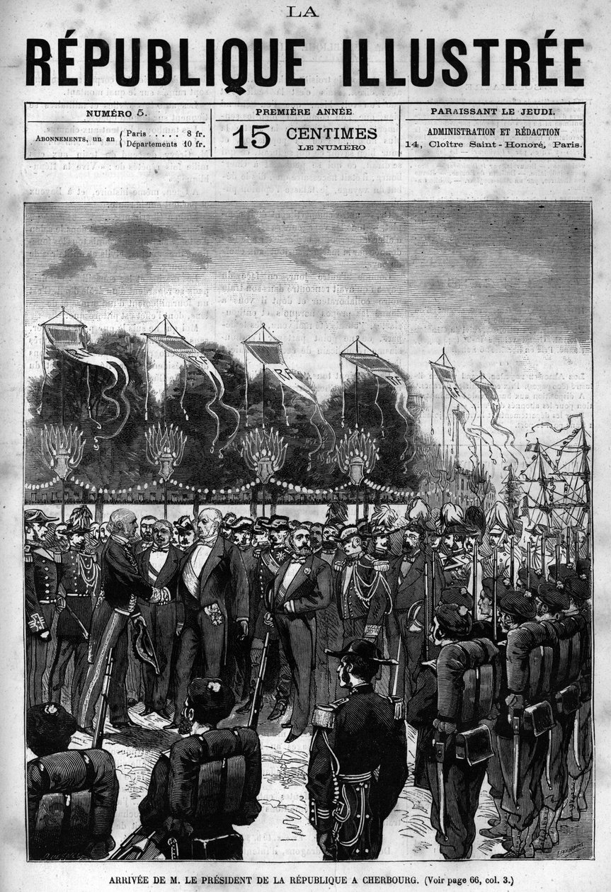 Ankunft des Präsidenten der Republik Jules Grevy (1807-1891) bei den Feierlichkeiten in Cherbourg. Gravur von 1880 in „La republique illustree“ private Sammlung. von French School