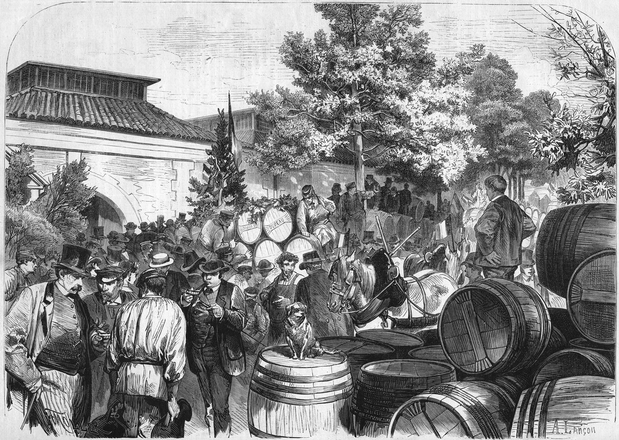 Ankunft der ersten Fässer Süßwein im Lagerhaus von Bercy. Paris von French School