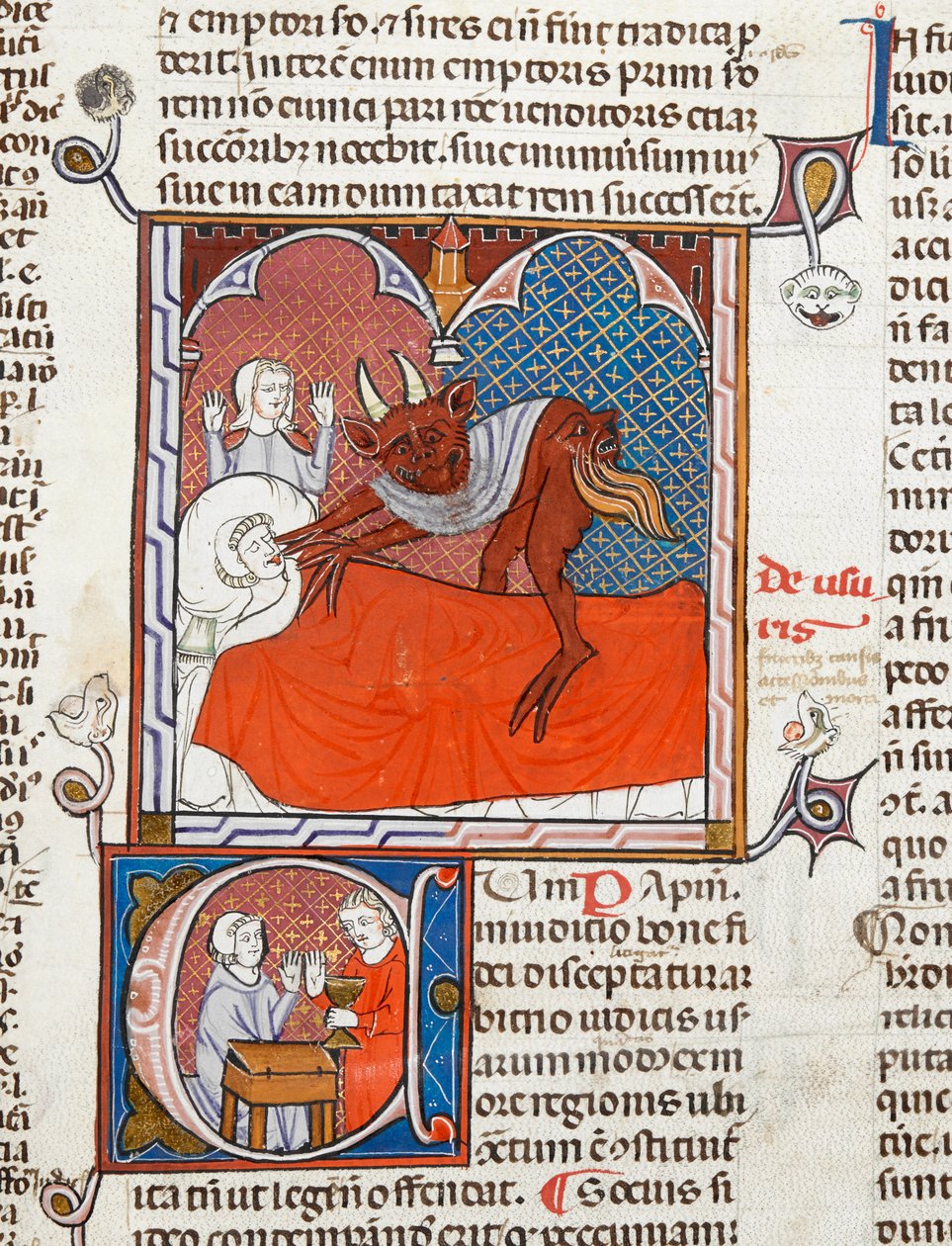 Ein Teufel oder Dämon auf dem Bett einer toten Person, Illustration aus Digestum Vetus mit gloss ordinaria, von Justinian, ca. 1300-10 von French School